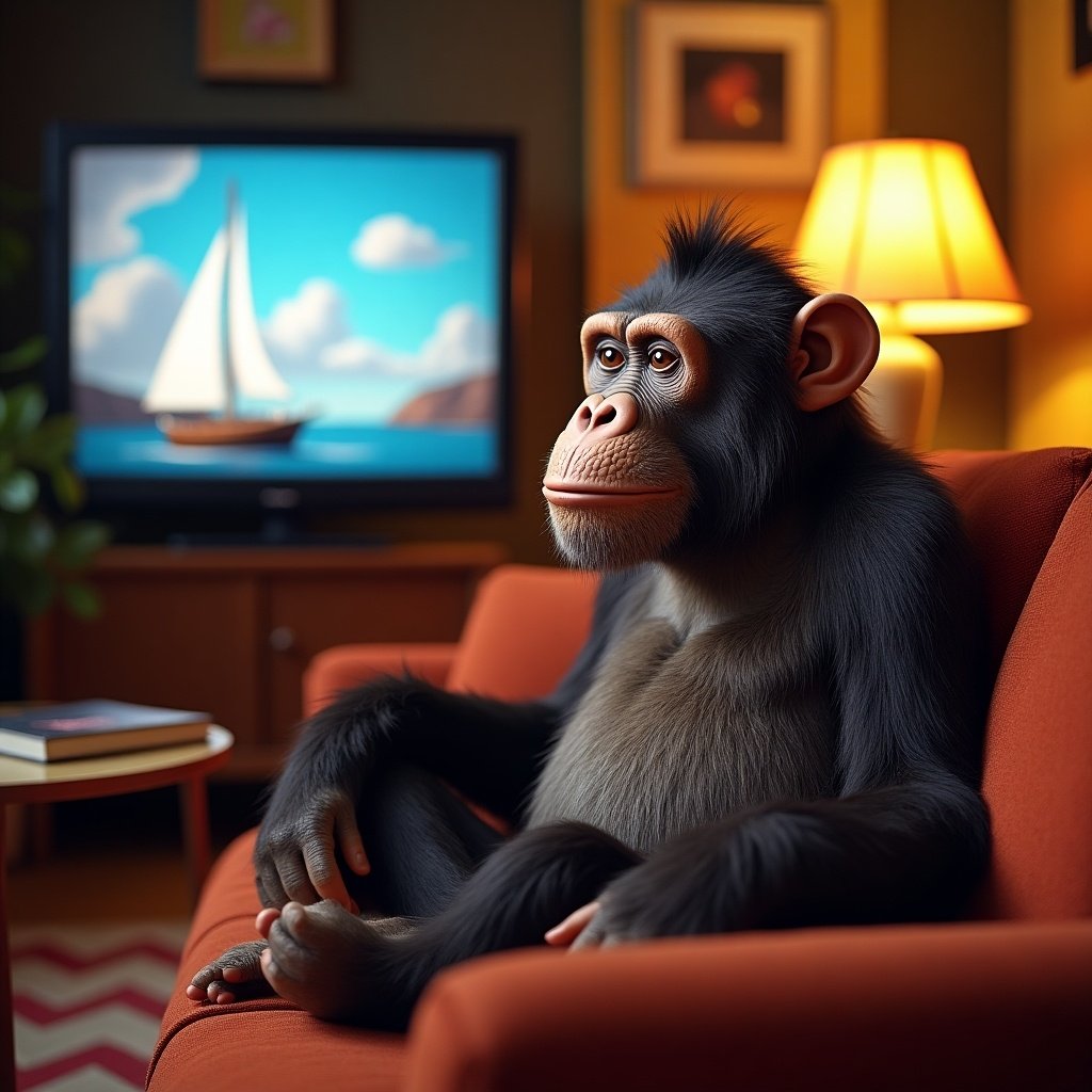 A bored ape from the Bored Ape Yacht Club watches television in a cozy living room with soft colors.