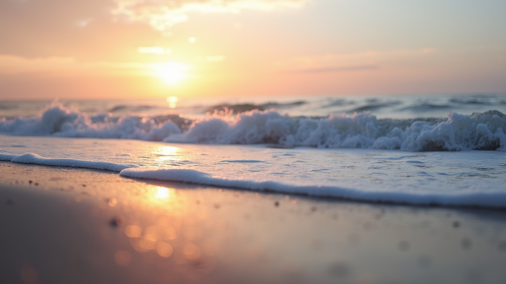 The image captures a serene beach at sunset, with gentle waves lapping at the shore and the sun casting golden light across the water and sand.