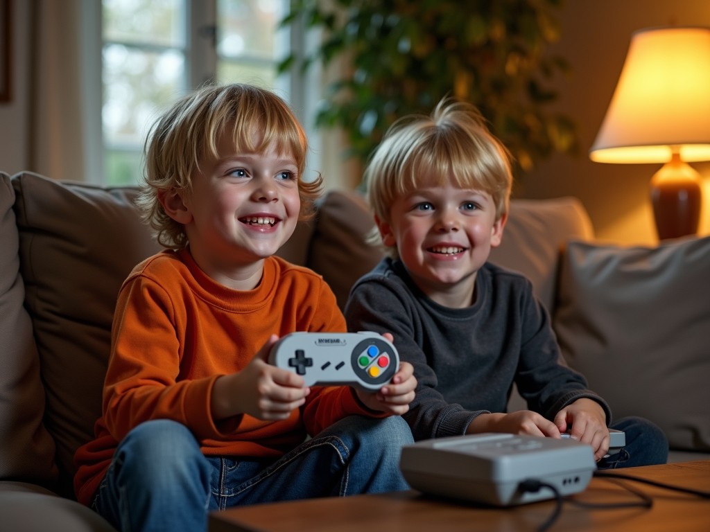 The image depicts two young boys sitting on a couch in a cozy living room, enthusiastically playing video games on a retro gaming console. The boys have cheerful expressions, indicating their enjoyment and engagement in the game. The setup is warmly lit by a nearby lamp, adding a nostalgic and homely feel to the scene.