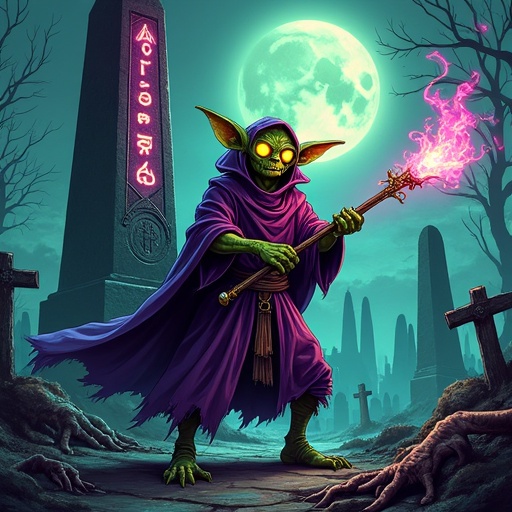 Goblin sorcerer with glowing yellow eyes wears tattered purple robes. Clutches a rune-carved arbalest in a misty moonlit graveyard. Dominated by a towering black obelisk covered in arcane symbols. Image rendered in bold outlines with vibrant colors. Creates a dynamic composition with magical energy and undead hands.