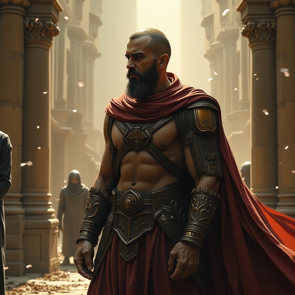 A heroic warrior stands confidently in an ancient architectural setting. The character has a muscular build, adorned with ornate armor. Soft golden light illuminates the scene, creating a dramatic atmosphere. The background features other hooded figures, adding depth and mystery to the composition.