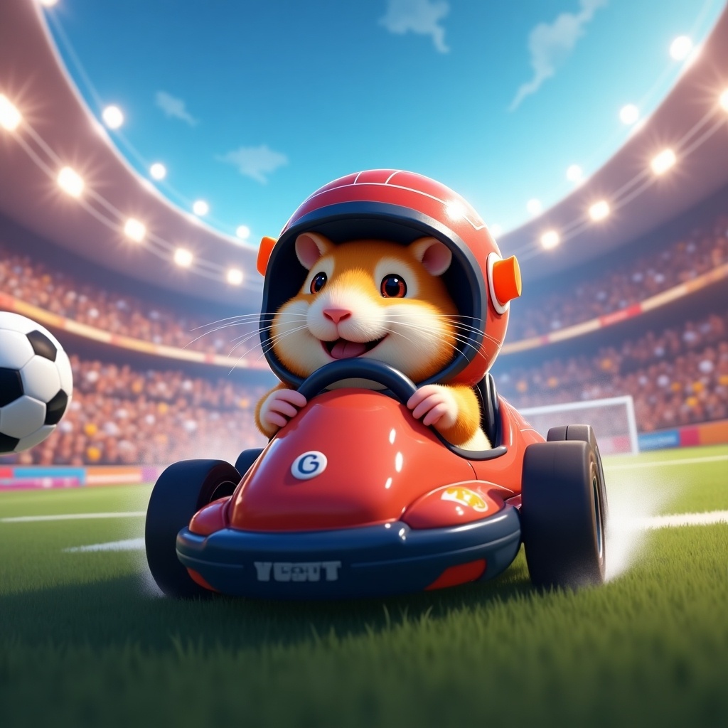 A cartoon hamster is driving a go-kart on a soccer field. A soccer ball is nearby and a stadium is filled with cheering fans. Bright and colorful atmosphere.