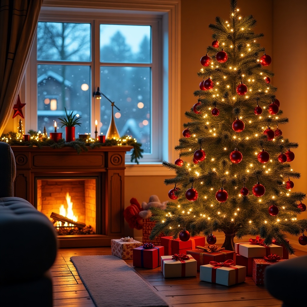 Cozy Christmas scene with a decorated tree and fireplace. Warm lights glowing. Presents beneath the tree. Inviting atmosphere for holiday celebrations.