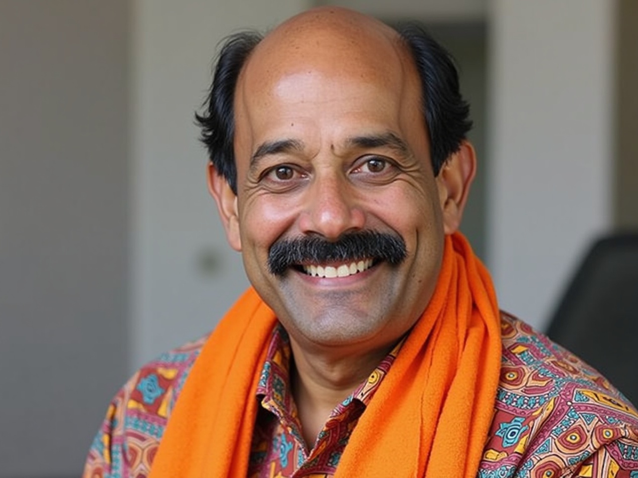 The image features a man with a warm smile and a confident expression. He has a bald head with some hair on the sides, and a neatly trimmed mustache. He is wearing a colorful patterned shirt that has various shades and designs. Around his neck, he drapes a traditional orange scarf, which adds a vibrant touch to his appearance. The background is blurred, drawing focus to his facial features and expressions.