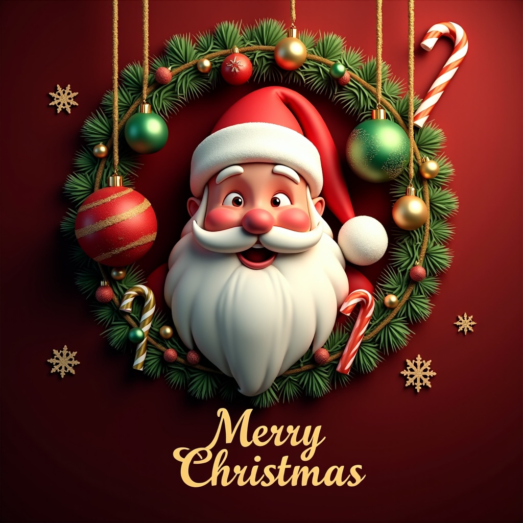 This image features a luxurious 8K digital render Christmas eCard showcasing a cheerful Santa Claus at the center. He has a rosy-cheeked, friendly smile. Surrounding him is a festive frame of hanging ornaments in brilliant gold, emerald green, and deep red. The ornaments are crafted into classic Christmas shapes, such as candy canes and glittered snowflakes, enhancing the holiday spirit. The background transitions from a dark red to a warm gold gradient, adding depth to the festive setting. The text 'Merry Christmas' is elegantly displayed below Santa in a bold, golden font.