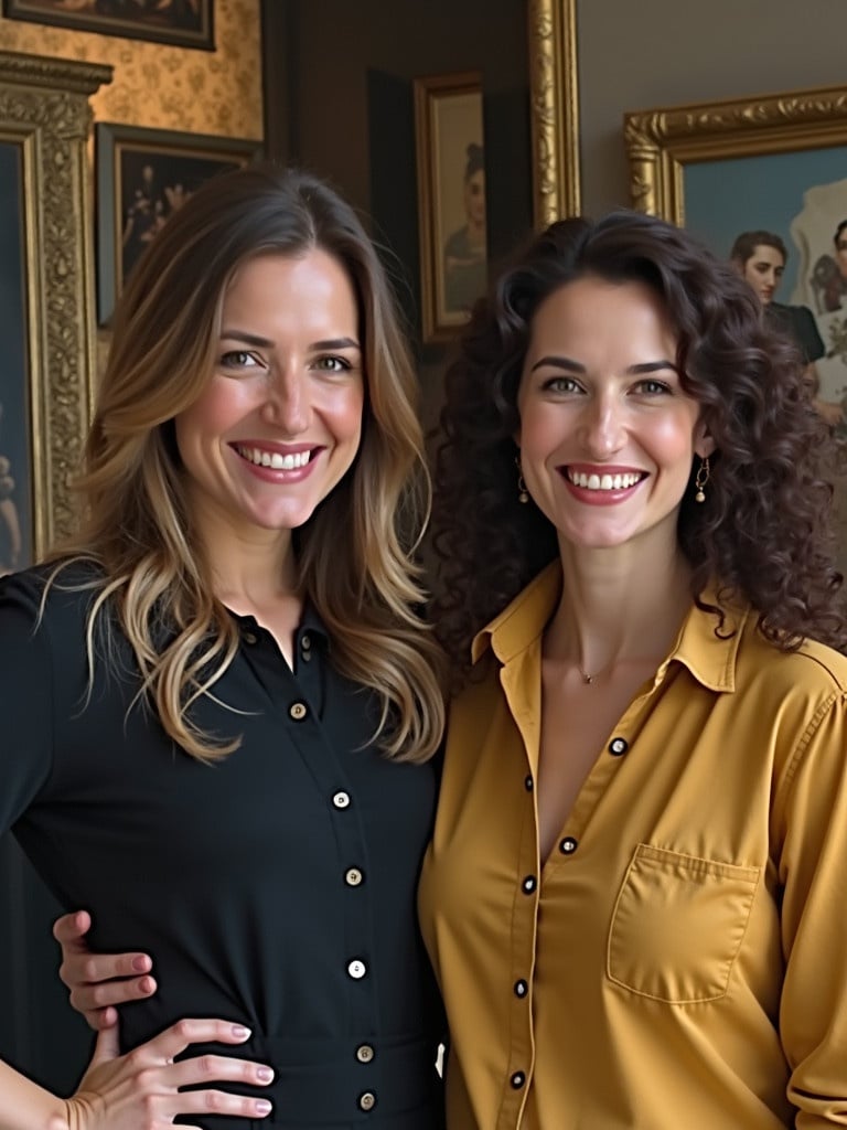 Two women posing together in a stylish manner. Both display fashionable outfits. One wears a black blouse and the other a mustard yellow shirt. Background features artistic paintings and warm tones. Image highlights their friendship and modern style.