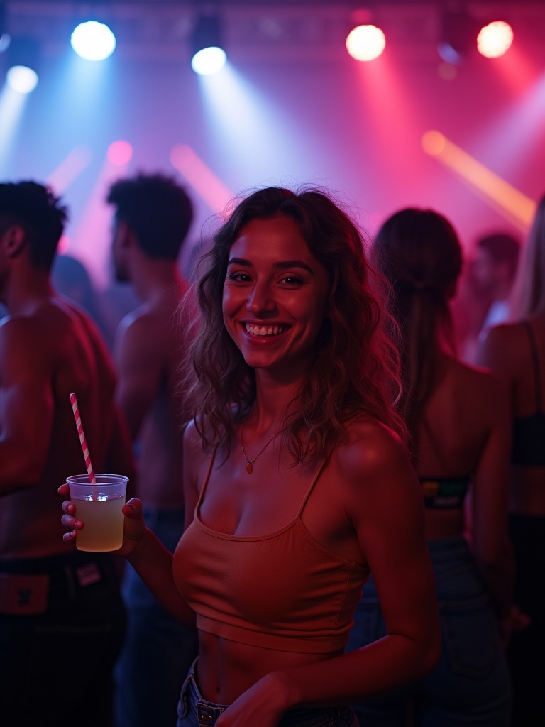 Image of a lively party scene featuring a young woman holding a drink. She smiles and appears engaged. The background shows a crowd dancing under colorful lights. The atmosphere is energetic with soft lighting highlighting her hair and outfit. This scene captures nightlife and social interactions. 