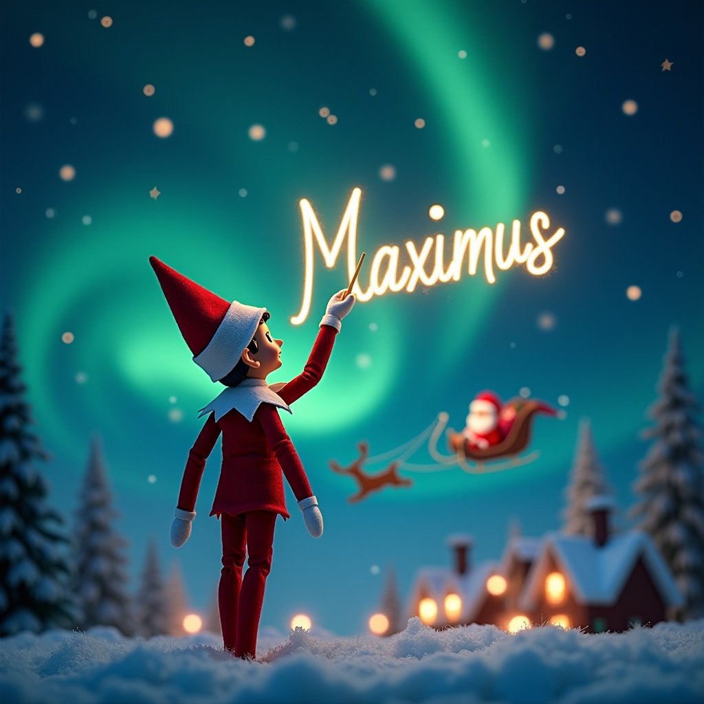 An elf on the shelf with back to the camera creates a magical scene. The elf uses a wand to write a name in the sky. The background is a beautiful Christmas landscape. Northern lights and Santa sleigh are visible.