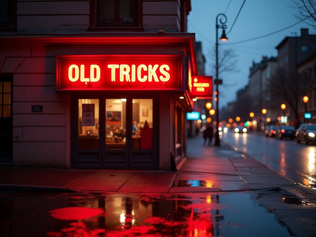 The image showcases a neon sign that reads 'OLD TRICKS' in bright red. It is prominently featured against a backdrop of a city street during early evening. The wet pavement reflects the vivid colors from the neon light. Soft ambient lighting sets a warm yet urban mood. Buildings line the street, hinting at a bustling city scene, while traffic lights add to the nighttime energy.