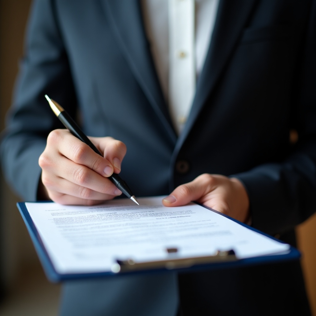 A person in a suit signs a document on a clipboard. Hand holds a pen. Clipboard displays a sheet of paper with text.