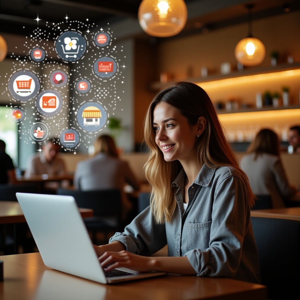 A young woman is sitting in a cozy cafe, diligently working on her laptop. The cafe has a warm and inviting atmosphere with ambient lighting and small tables occupied by others. Around her, various digital shopping icons float, illustrating concepts like e-commerce, online transactions, and shopping carts. The woman, looking focused and content, reflects the modern remote work lifestyle. This setting highlights the blending of technology and everyday environments, making it a perfect image for discussions about digital commerce and cafe culture.