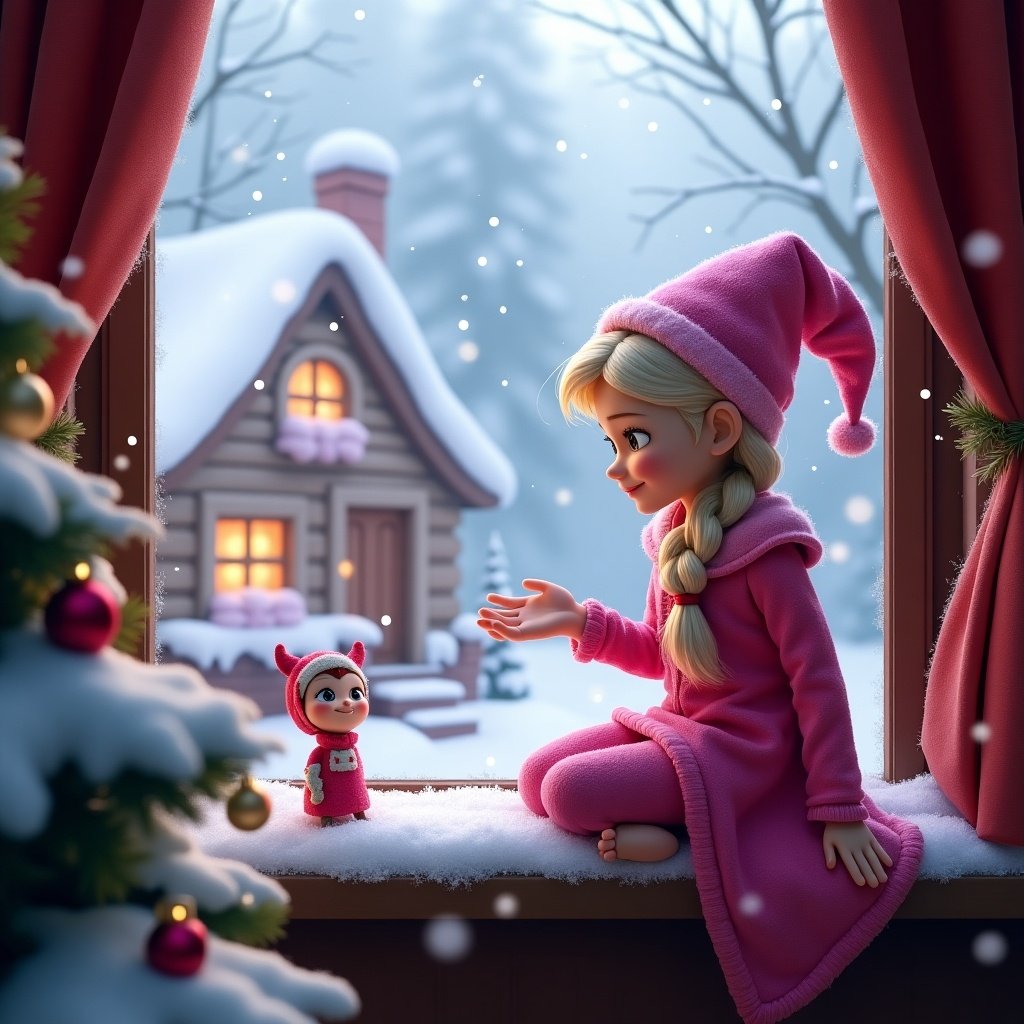 Charming holiday scene featuring a girl elf and snowflakes. Cozy house visible through the window. Writing in snow on the windowsill. Pink elf's outfit enhances the festive mood. Christmas decorations present.