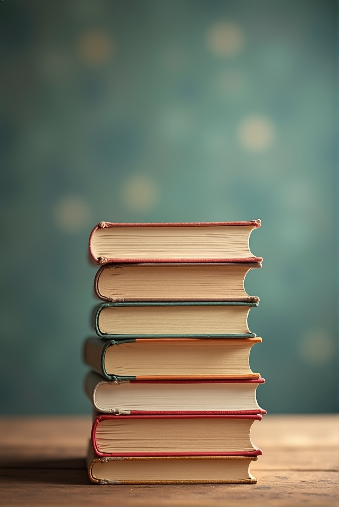 A vertical stack of seven hardcover books with colorful spines rests on a wooden surface against a softly blurred teal background.