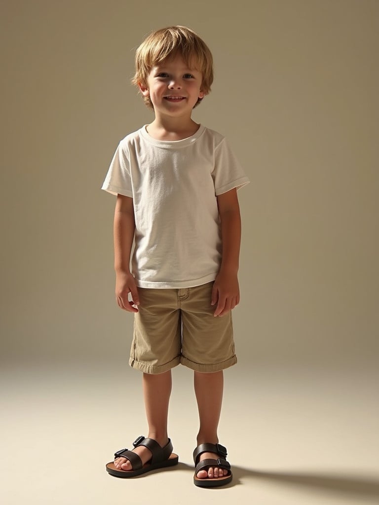 A photograph of an 11 year old white boy wearing sandals and khaki shorts. The child stands in a calm pose against a light backdrop. The clothes are casual and suitable for warm weather.