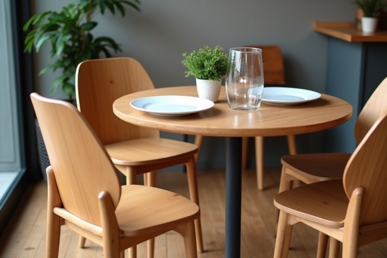 Modern coffee shop interior with cozy atmosphere. Features a round wooden table set for two with white plates and a small plant. Surrounding are four simple wooden chairs in minimalist style. Wooden floor adds elegance.