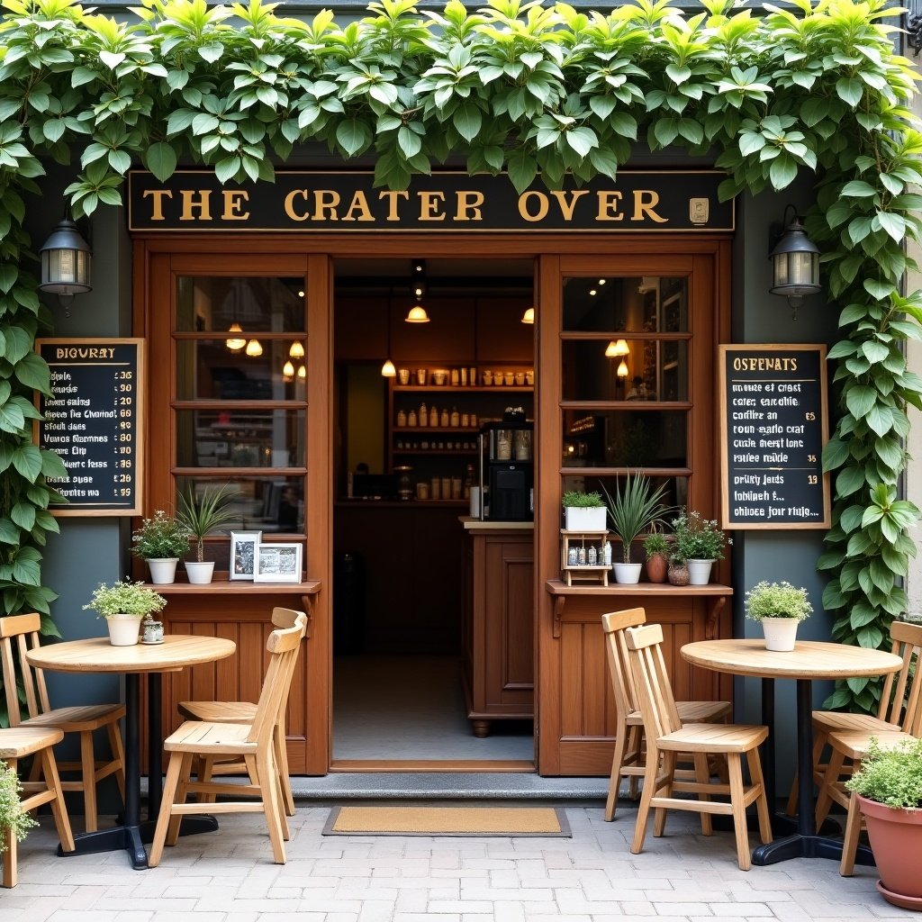 Image of a charming small coffee shop exterior. The shop has a wooden entrance and is surrounded by greenery and flower pots. It features outdoor seating with wooden tables and chairs. Menu boards display offerings, creating a welcoming environment for customers to relax with coffee.