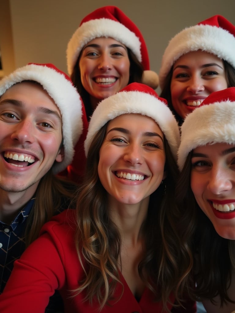 Photo captures a joyful group during the holiday season. Five individuals wearing Santa hats are smiling widely. Warm lighting creates an inviting atmosphere. Background is neutral, emphasizing joyful expressions.