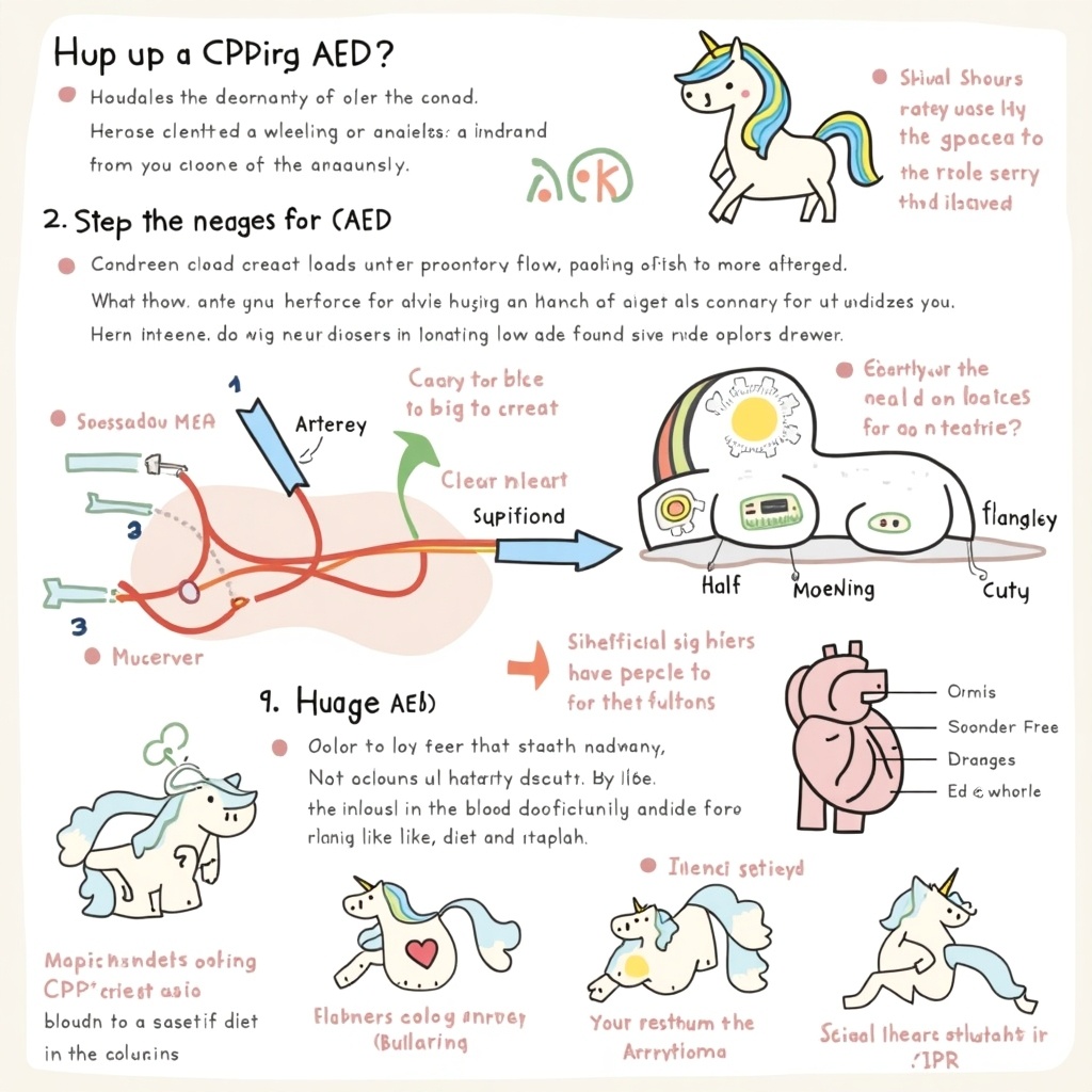 This diagram illustrates the steps for performing CPR and using an AED, featuring a playful unicorn theme. Each step is clearly labeled with arrows indicating the flow of actions and their significance. Visual aids, including labeled components, help explain the roles of various elements involved in resuscitation. Color-coded pathways demonstrate oxygenation processes, differentiating between systemic and pulmonary circulations. The entire process is made engaging through the use of whimsical visuals, making the information both educational and fun.