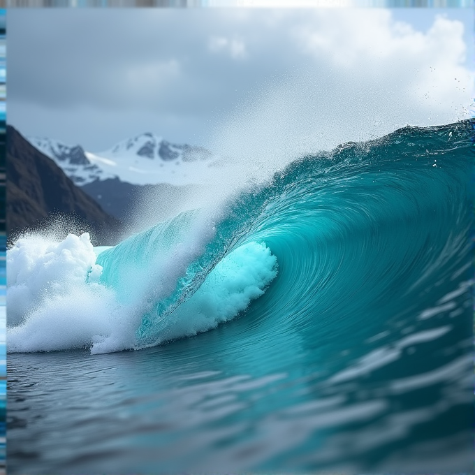 An ocean wave crashes near snow-capped mountains under a cloudy sky.