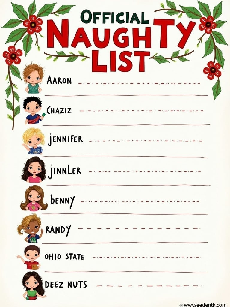 Colorful illustration presents an official Naughty list. Names include Aaron, Chaziz, jennifer, jingle, benny, randy, ohio state, and deez nuts. Character illustrations are beside names. The title reads Official Naughty. Background features decorative flowers.