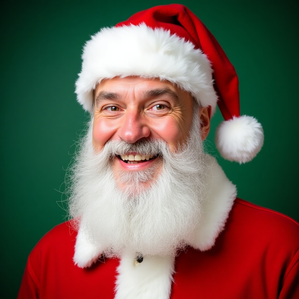 Man transformed to look like Santa Claus. Wearing classic red Santa hat and traditional red suit with white fur trim. Features a full bushy white beard, rosy cheeks, and a cheerful smile. Background is green suggesting a festive setting.