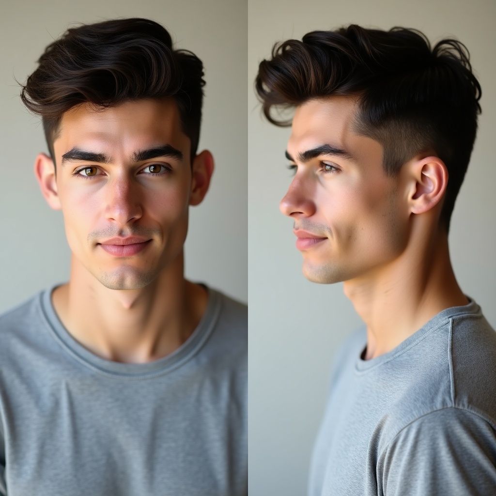 A young handsome man stands against a neutral backdrop. Front and side profiles shown. Dark brown hair styled with volume. Well-defined jawline and relaxed expression. Wearing a simple gray t-shirt. Soft natural lighting emphasizing features.