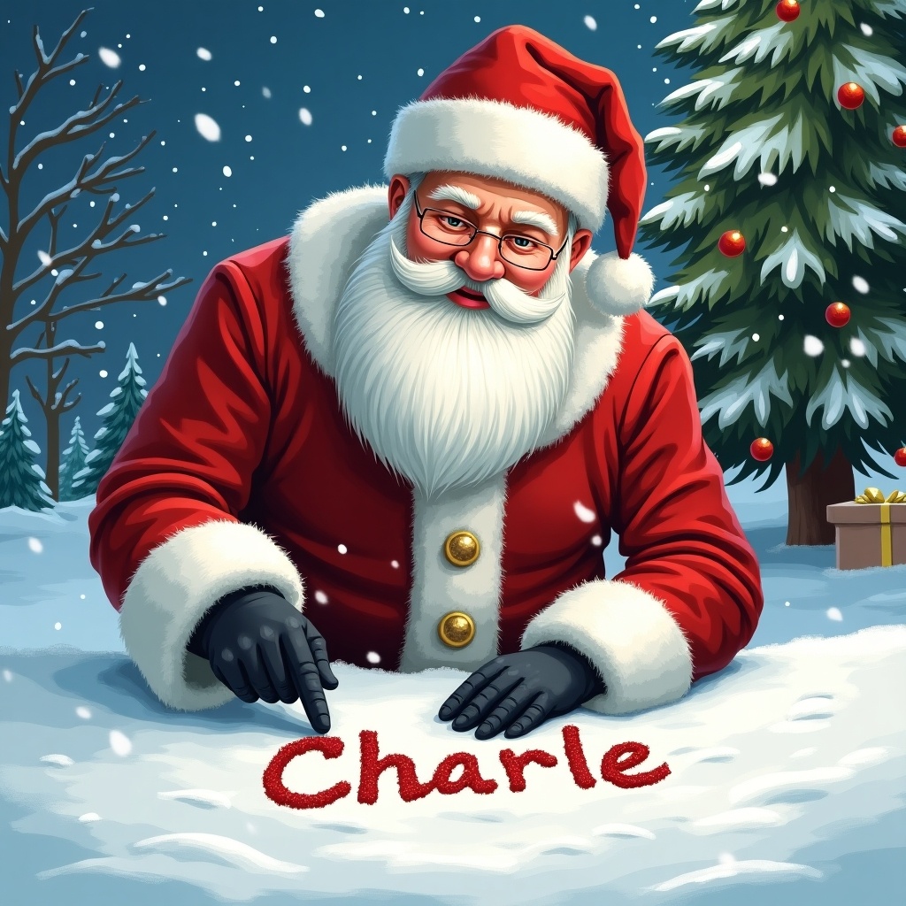 A detailed illustration showcases Santa Claus in his iconic red suit and big white beard, enjoying a snowy winter setting. He is focused on carefully writing the name 'Charlie' in the pristine snow with his gloved finger. A beautifully decorated Christmas tree, complete with ornaments, is in the background. Snowflakes gently fall around him, adding to the festive atmosphere. This scene captures the magic and warmth of the holiday season, evoking feelings of joy and childhood nostalgia.