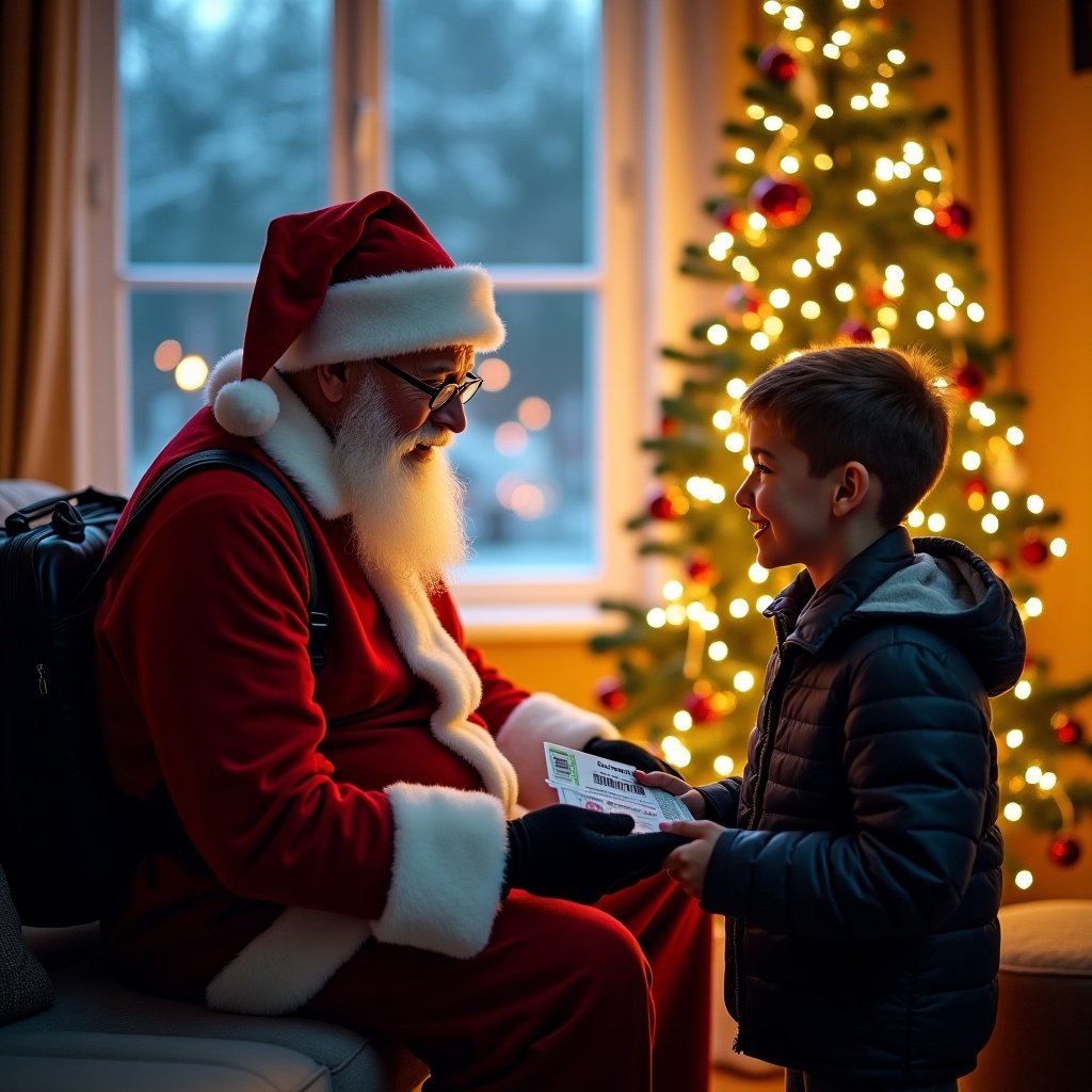 Santa Claus presents travel tickets and a travel voucher to a young boy on Christmas night. Cozy family setting with a decorated tree. Warm, inviting atmosphere.