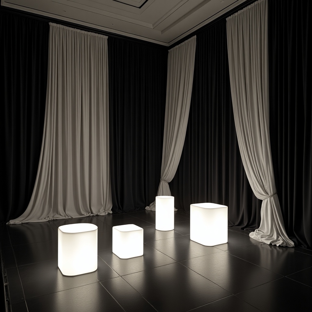 The image features a sophisticated interior space with an elegant black and white theme. Draped curtains in black and white frame the room, providing a dramatic background. In the foreground, there are four illuminated cocktail tables of varying sizes, glowing softly. The combination of the lighting and drapes creates a sleek and modern atmosphere. This setup is ideal for events, showcasing a stylish yet minimalistic design.