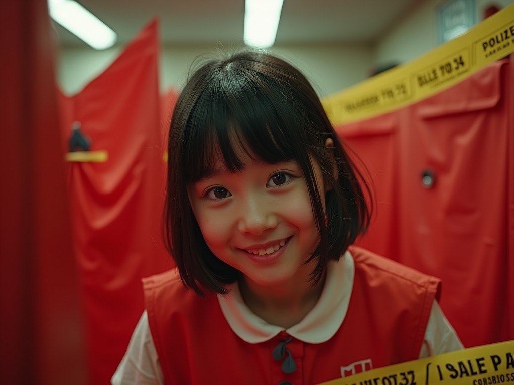 A young girl with a bright smile stands in front of vivid red curtains, suggesting a playful or intriguing environment. The lighting is warm and inviting, spotlighting her cheerful expression. The yellow tape in the foreground adds an element of mystery or caution, contrasting with her joyful demeanor.