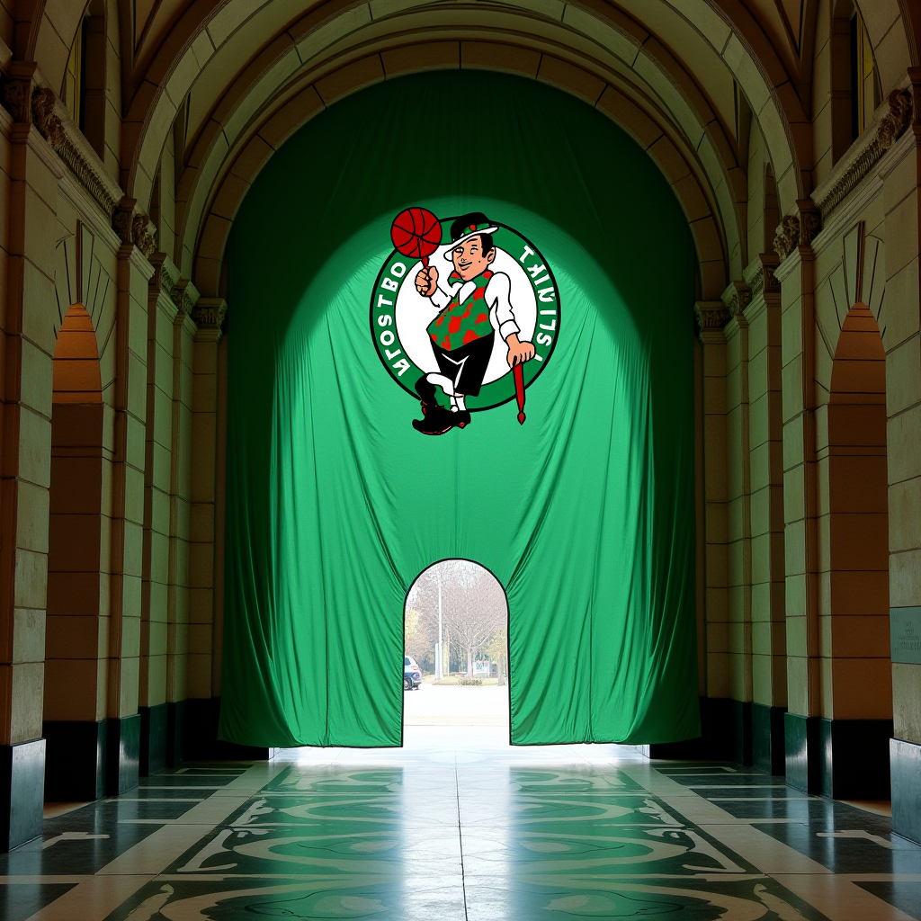 A basketball-themed artwork hangs under a large archway in a building corridor.