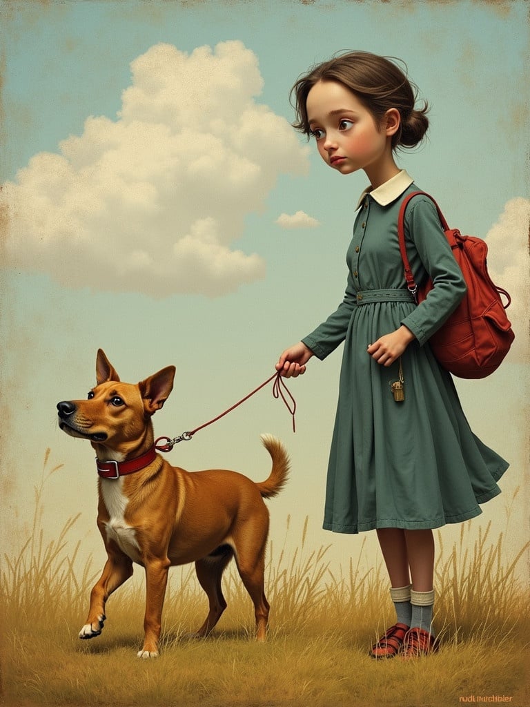 A girl in a green dress with a red backpack walks a dog in a beautiful field under a blue sky. The scene reflects a playful and warm interaction between the child and the dog.