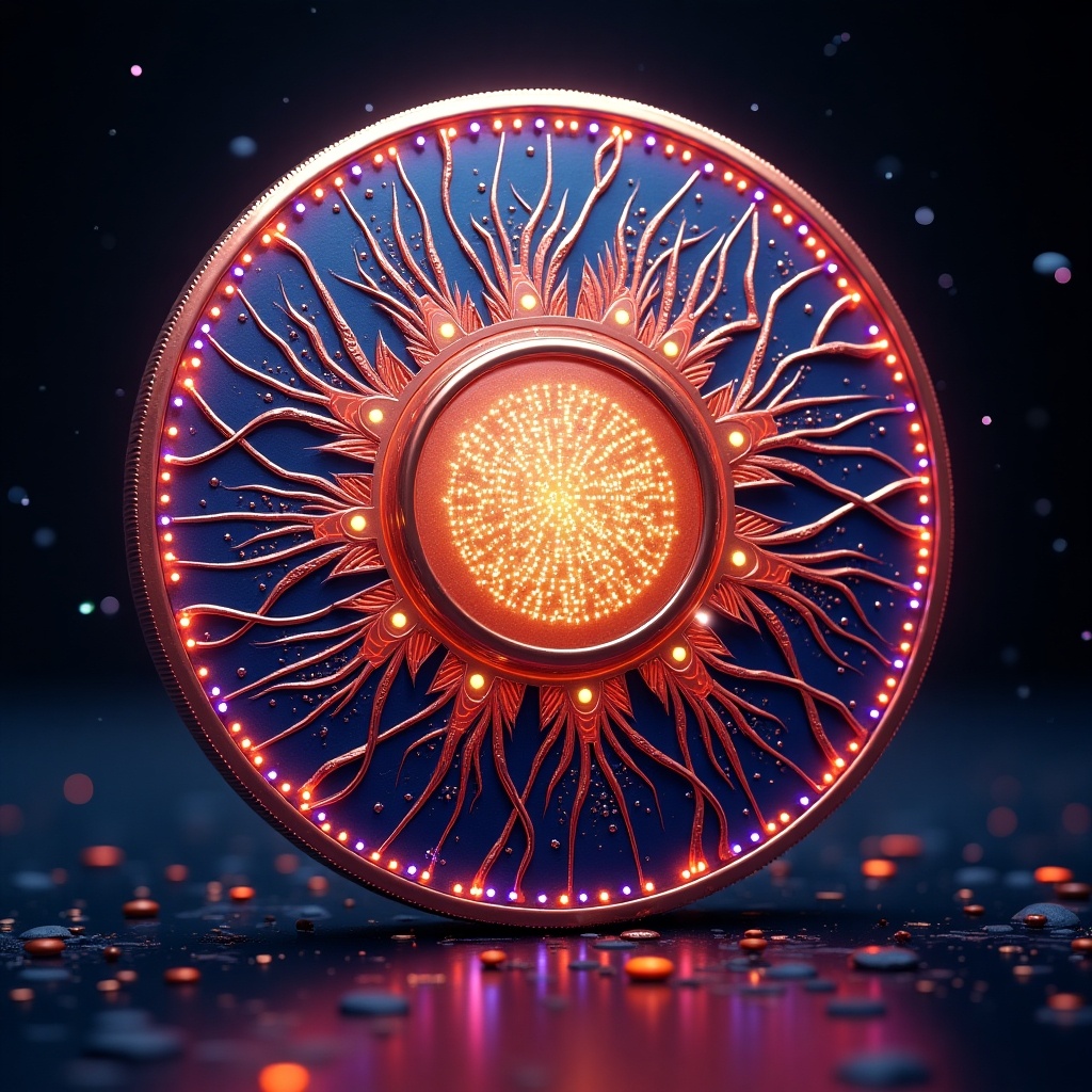 Imaginative depiction of a fictional Solana memecoin. Coin features vibrant colors and striking designs inspired by the Solana blockchain. Engaging graphics attract viewers and promote memecoin community spirit.