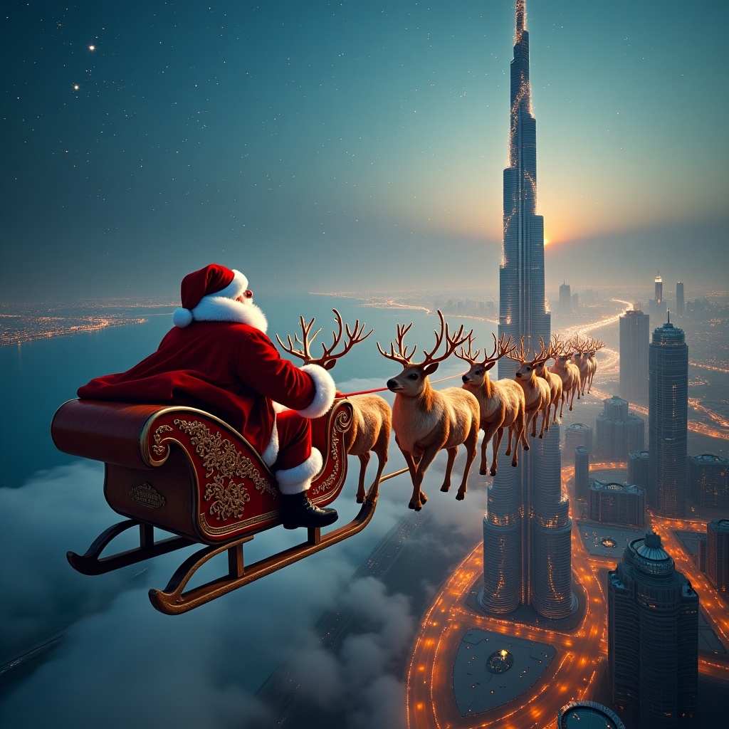 Cinematic aerial image features Santa Claus flying past the Burj Khalifa in Dubai. Santa is on his sleigh pulled by nine reindeer. They draw a horizontal eight in the air, leaving a sparkling trail.