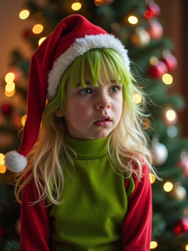 Small girl dressed in a green Grinch costume with a red Santa hat sitting in front of a Christmas tree. Grumpy expression visible. Soft and warm lighting creates a festive atmosphere.