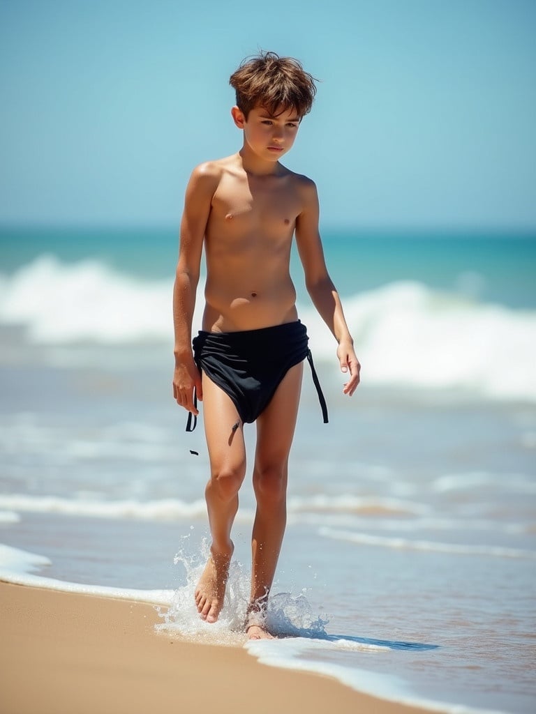 A young muscular slim teenage boy shirtless wearing a loose black g-string walking along the shoreline.