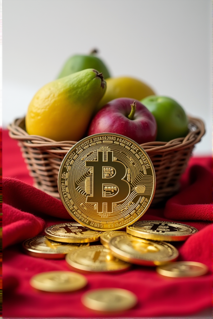 A basket of assorted fruits is artfully placed behind a collection of golden Bitcoin coins on a vivid red cloth.