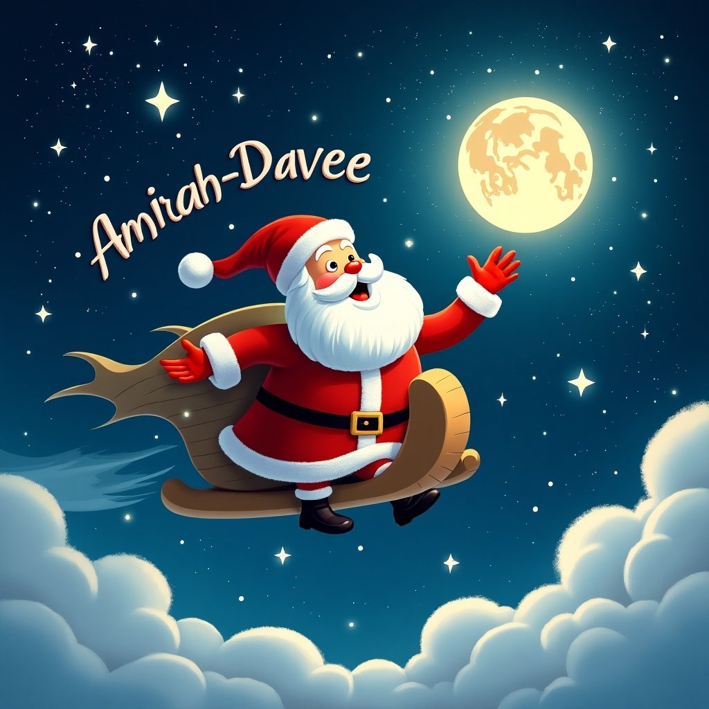 Magical Santa image features Santa Claus flying on a sleigh. Name Amirah-Davee appears in the sky. Bright moon and stars shine above. Cheerful and festive atmosphere.