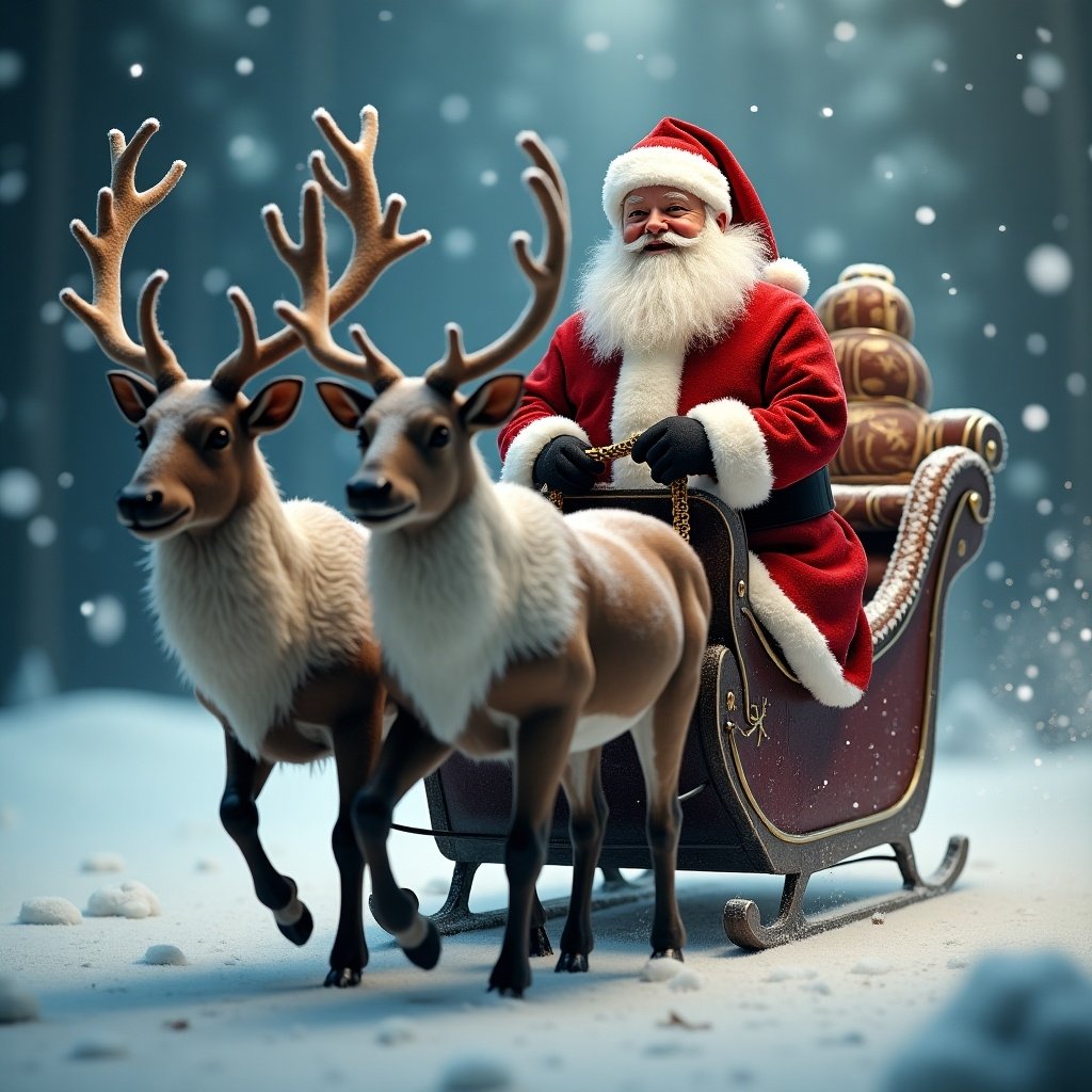 Photo realistic depiction of Santa Claus and his reindeer on a sleigh in a snowy landscape. Santa wears a traditional red suit and sits atop his sleigh with reindeer in front of him.