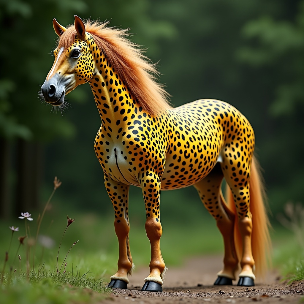 Imagine a fantastical creature combining the elegance of a horse with the wild beauty of a leopard. This hybrid animal has a sturdy horse body, covered in a vibrant yellow and black spotted coat. Its luscious mane flows beautifully, contrasting with its unique appearance. The creature stands proudly against a blurred, green background, showcasing a blend of grace and fierceness. This setting captures the imagination, making it perfect for stories of mythical beasts or adventurous tales.