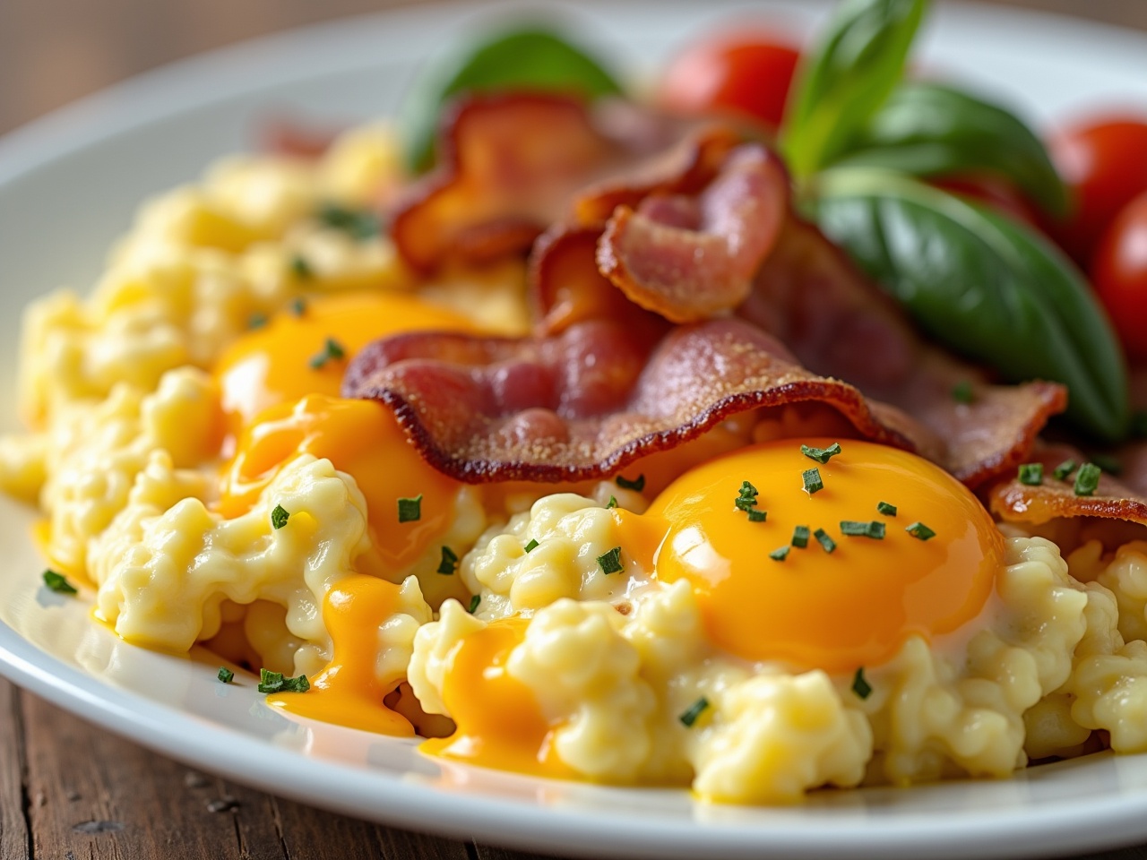 The image showcases a delicious breakfast plate featuring fluffy scrambled eggs topped with rich, golden yolks. Crispy bacon strips are arranged beautifully on top, adding a savory contrast. Surrounding the eggs, fresh cherry tomatoes and basil leaves provide a pop of color and a hint of freshness. The dish is presented on a rustic wooden table, enhancing its appetizing appearance. Soft, natural lighting brings out the warmth of the yellow yolks and the crispy texture of the bacon.