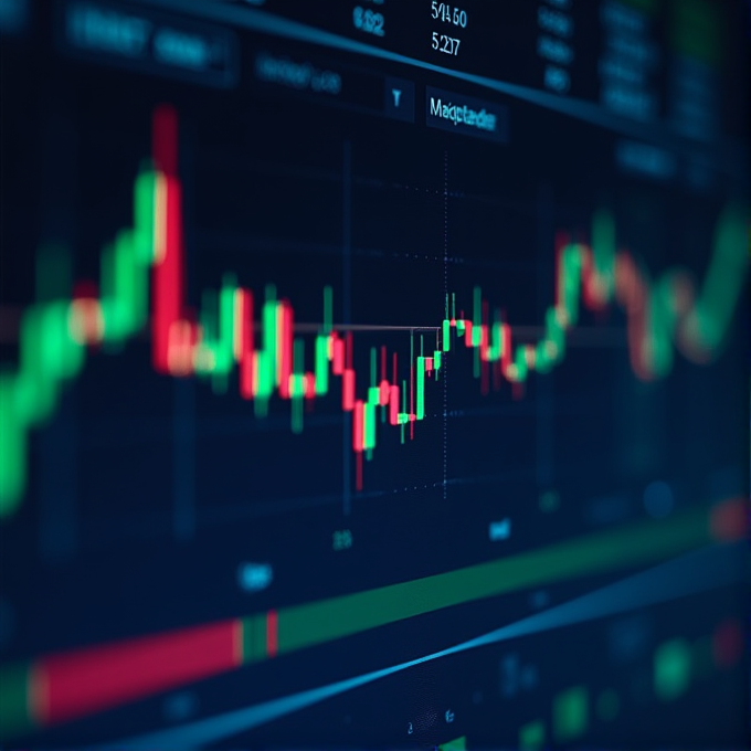 A financial trading screen featuring glowing candlestick charts in vibrant red and green, indicating market fluctuations against a dark background.