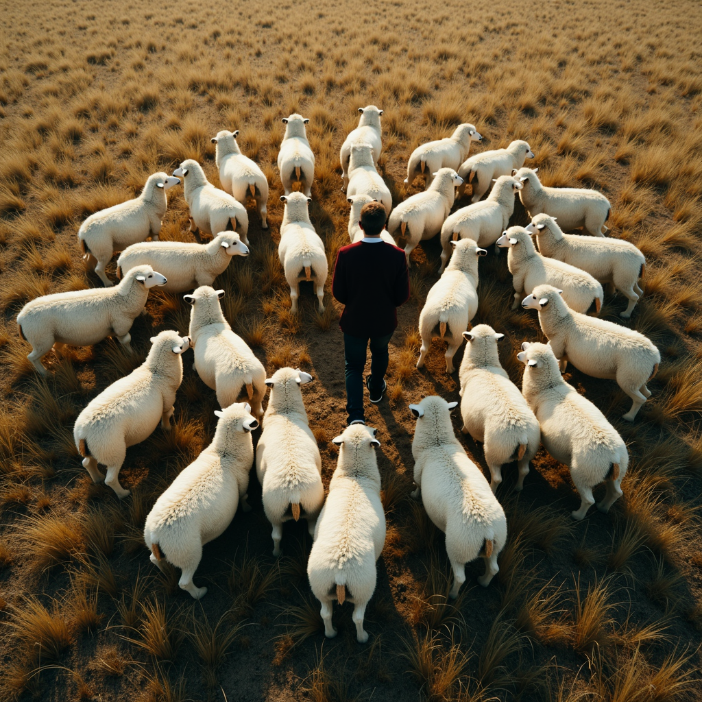 A person is standing at the center of a circle formed by a flock of sheep in a field with dry grass.