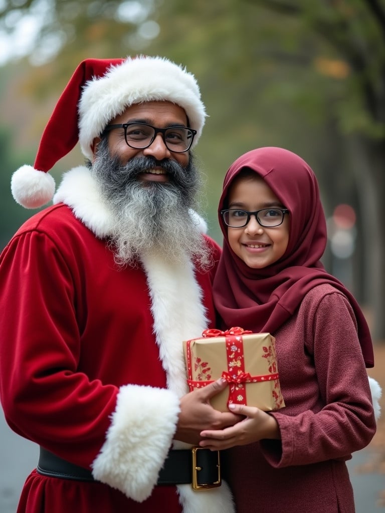 Young man dressed as Santa Claus gives Christmas gifts to a girl in hijab. Warm interaction and festive atmosphere. Natural setting with autumn trees.