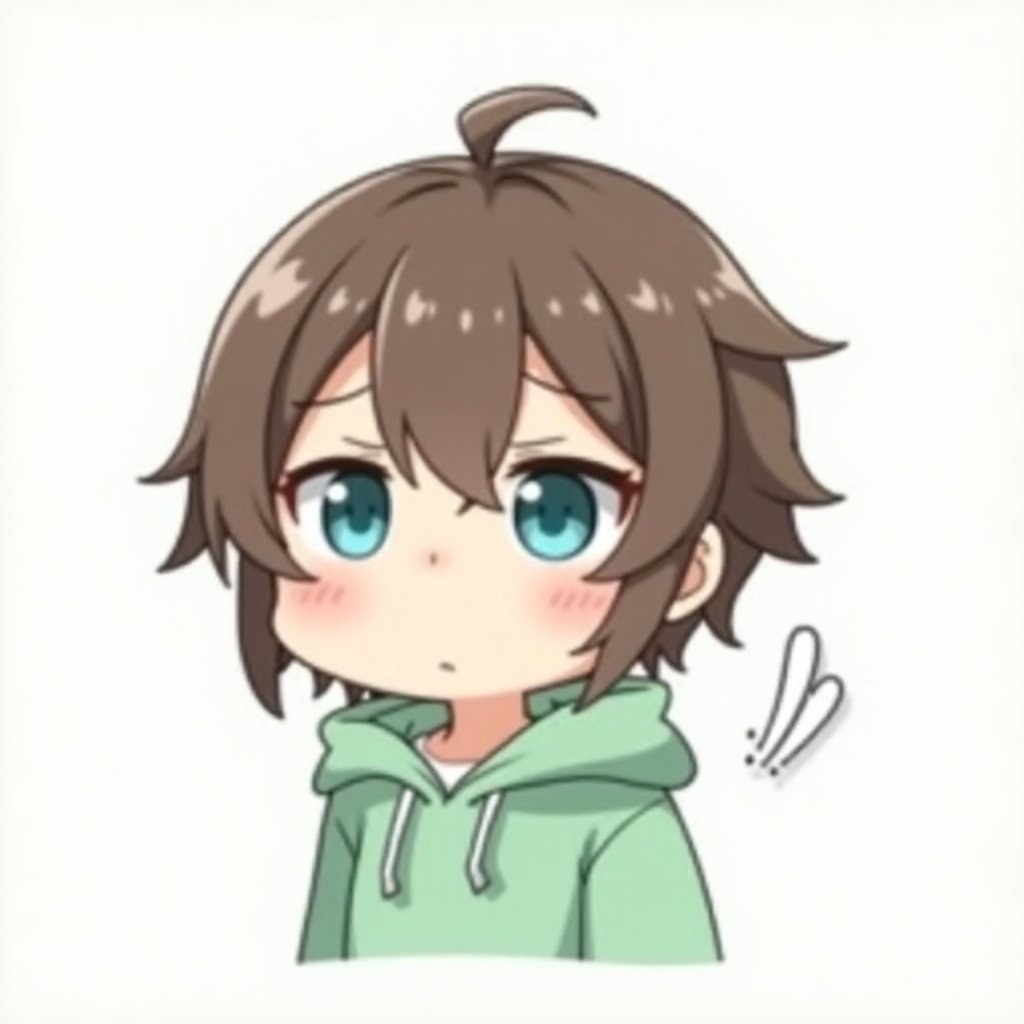 A chibi character with sad expression. Short brown hair with bangs. Bright aqua eyes. Wearing a soft green hoodie. Light hood and darker body. Simple background.