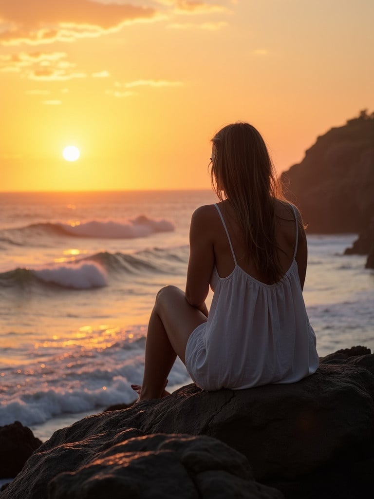 Serene scene of woman sitting on rock by ocean during sunset with warm glowing sky.