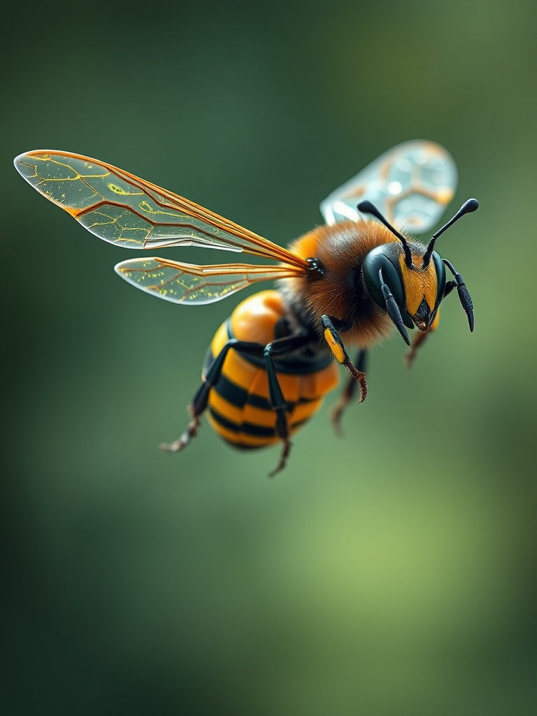 This image captures a vibrant, close-up portrayal of a bee mid-flight against a soft-focus, green background. The bee’s orange and black striped body is detailed, with its transparent wings showcasing delicate veining and slight translucency. The lighting highlights the bee’s glossy texture, emphasizing its poised wings and tiny fuzzy hairs on its body.