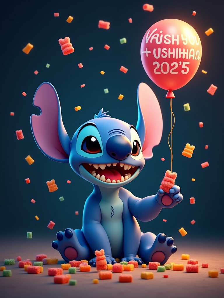 Blue alien character Stitch has big ears and a joyful smile. Stitch throws gummy bears in the air. Mouth full of gummy bears. Holding a balloon with a message for 2025. Background is dark with candy everywhere.