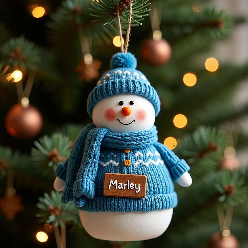 Snowman ornament hangs on a Christmas tree. The ornament has a blue hat and scarf with a jumper. A plaque displays the name Marley.