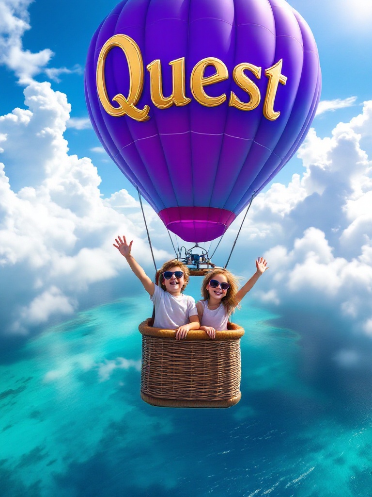 A beautiful purple hot air balloon floats over turquoise waters. The word 'Quest' is in gold letters. Two children wave cheerfully. They wear sunglasses and show joy. The sun sparkles on the water. Fluffy clouds surround the scene.